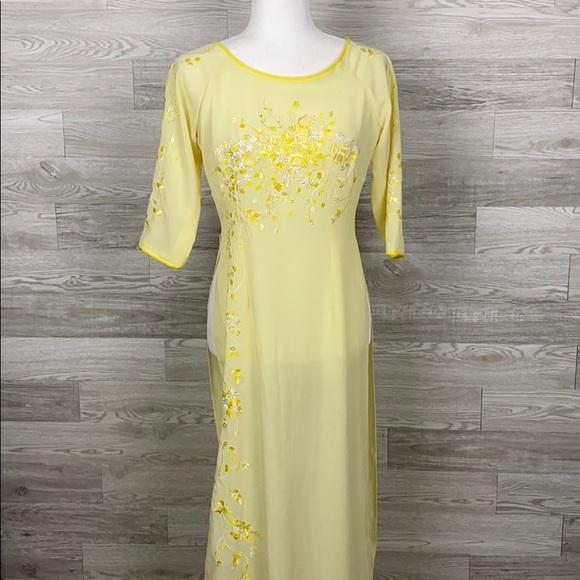 Vintage Yellow Embroidered high Slit Maxi Dress - Picture 1 of 8